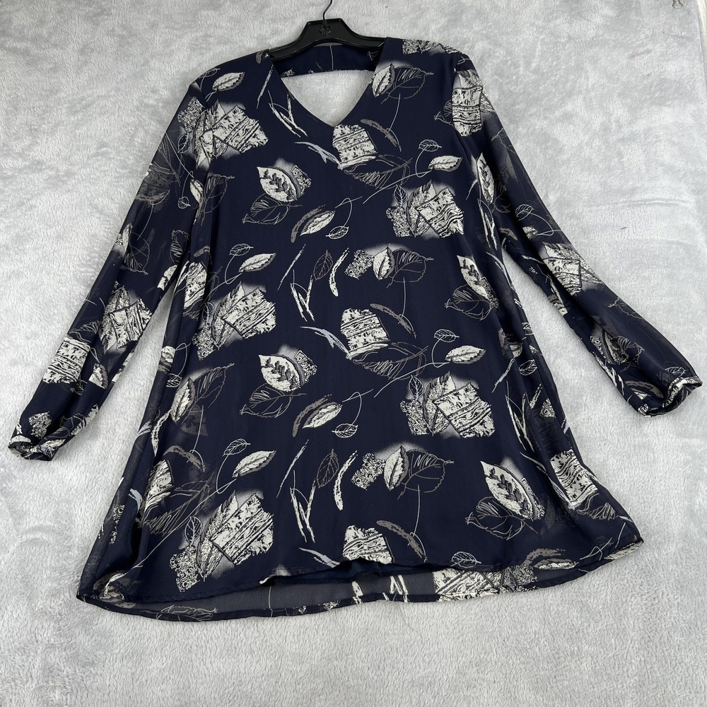 Final Touch Floral Cutout Back Mini Dress S Navy Chiffon Boho Long Sleeve USA